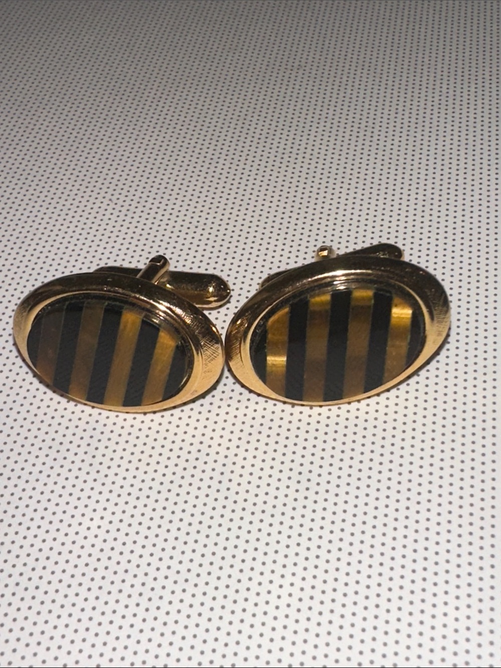 Vintage Mid Century Gold-Tone Oval Cufflinks- Striped Black & Tiger Eye Stone